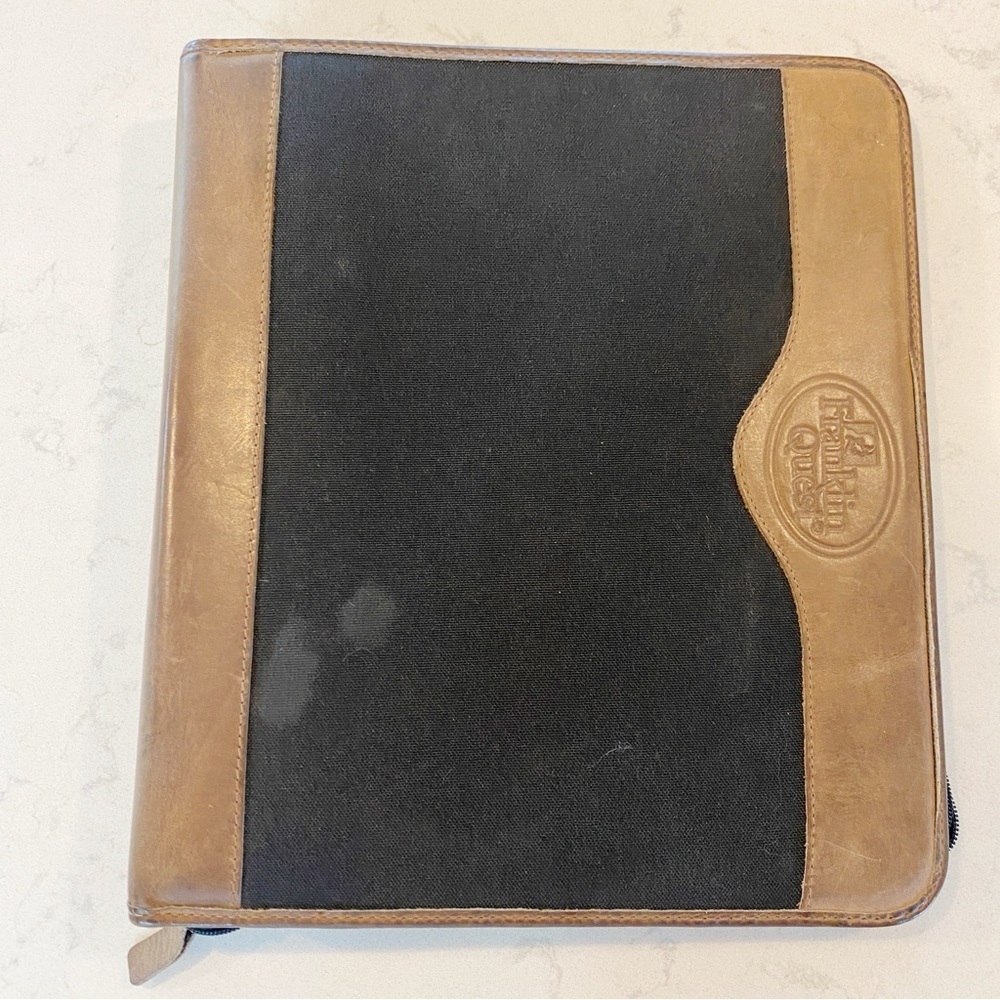 Franklin Quest Vintage Zip Planner Green Line Leather Trim & Canvas Zip Inserts